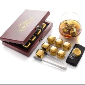 Amerigo Gold Stainless Steel Whiskey Stones Gift Set in Box Wine Chilling Rocks